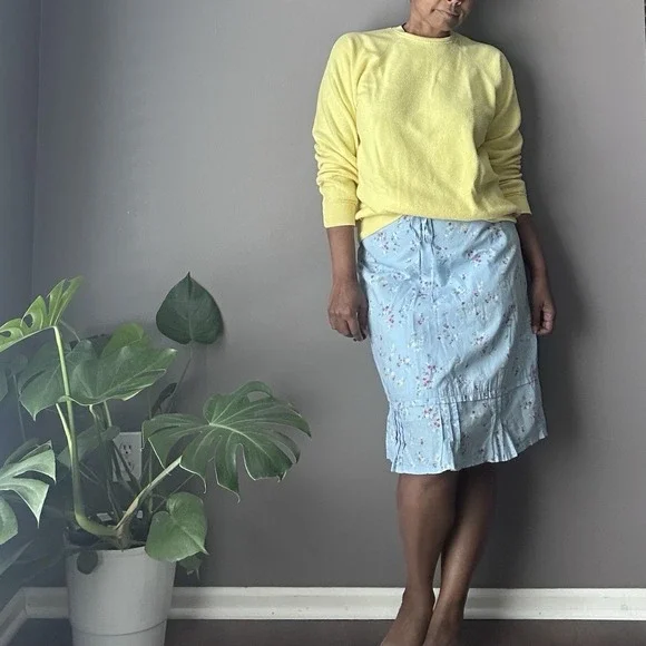 OshKosh Floral Midi Skirt Women's‎ Size 12 Blue 100% Cotton Drawstring Pleated - Picture 2 of 12